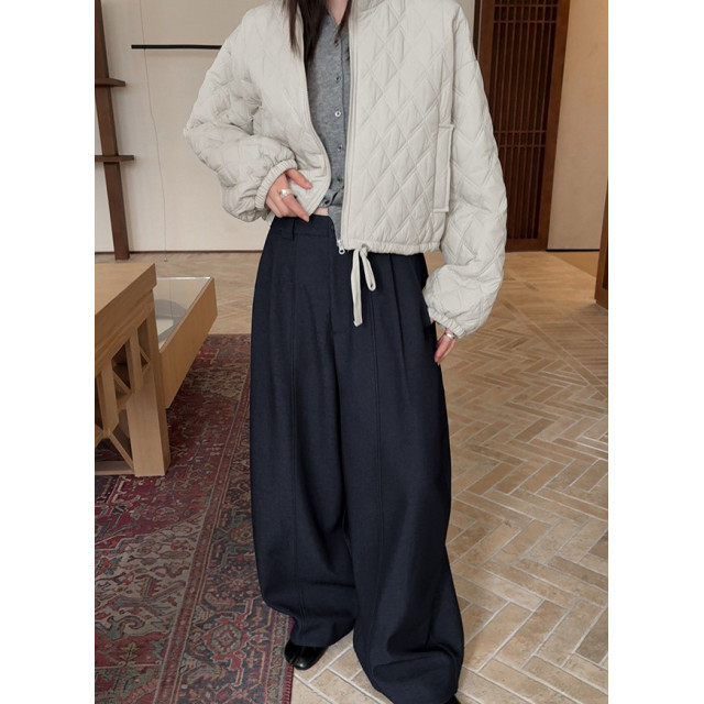 休閒立領菱格絎縫車格棉服抽繩外套